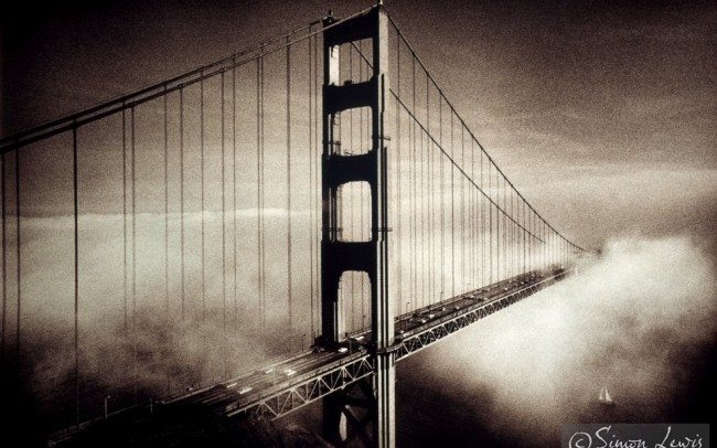 Golden Gate Bridge being enveloped by fog edition print