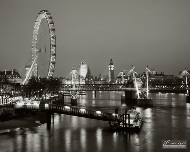 london eye thames houses of parliament black and white