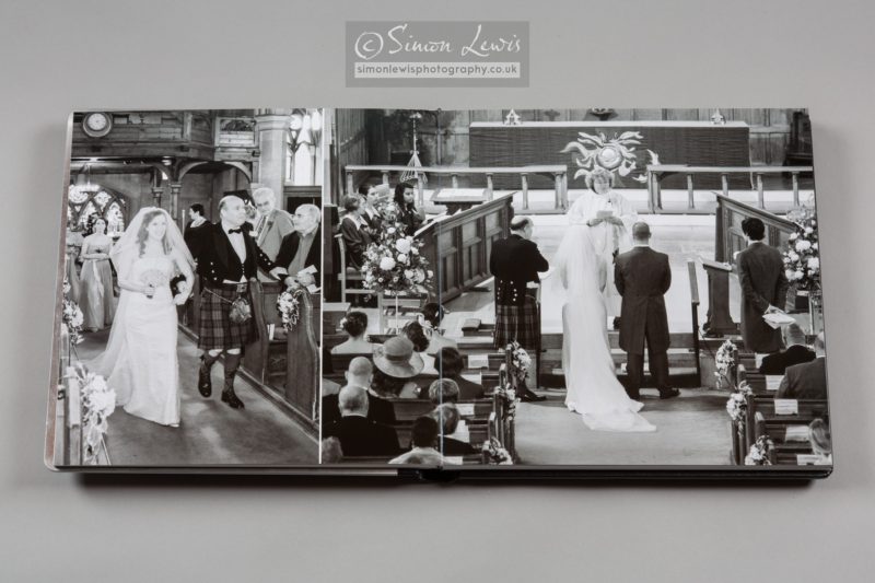 wedding album lay flat double page spread church service black and white
